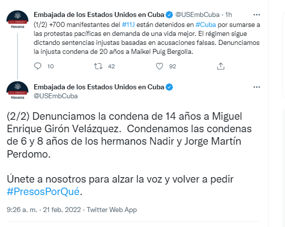 Tuit de la embajada de EEUU en La Habana.